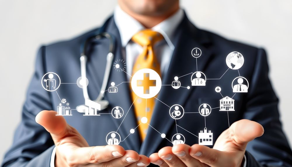 Pessoa em traje social segura uma rede digital de serviços de saúde com ícones de hospitais e profissionais, representando a escolha de um plano de saúde empresarial.